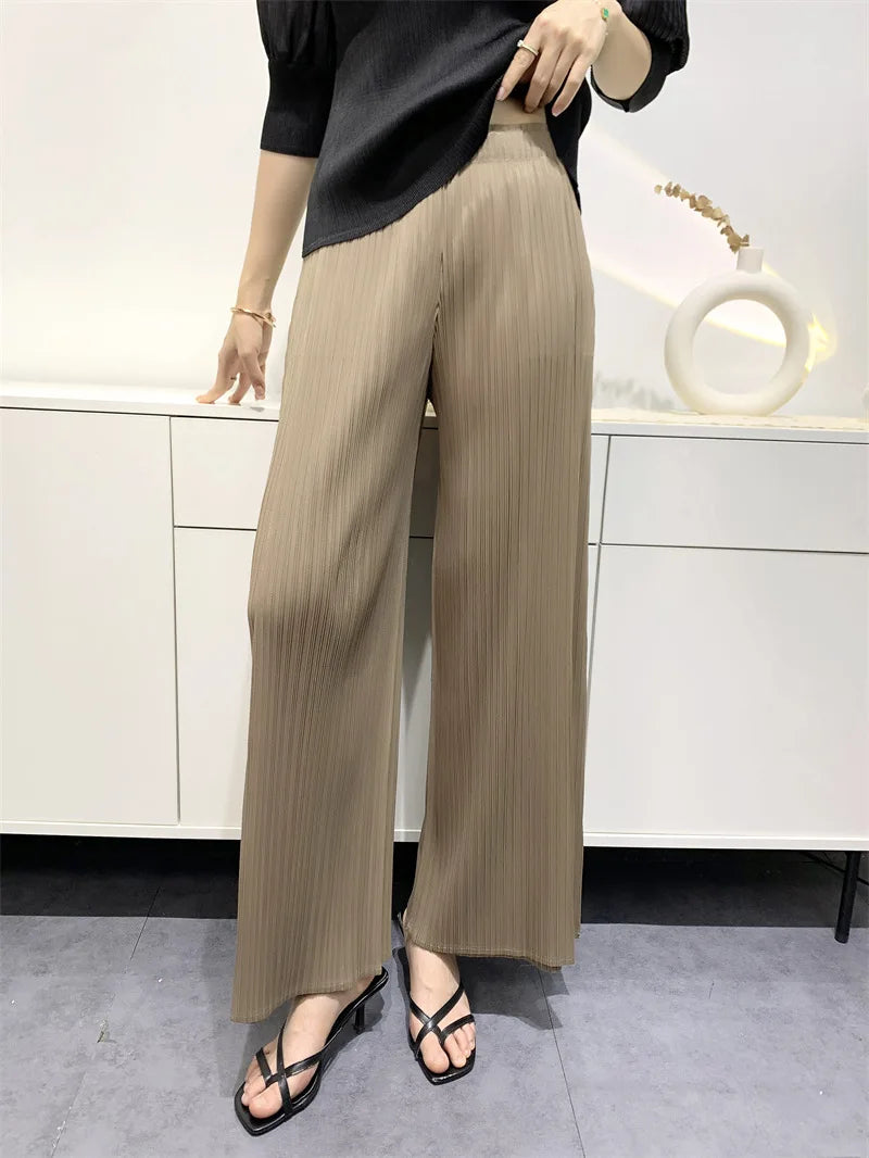 Summer Pants Women Hitching Piece Comfortable Casual New Loose Straight Pants Wide Leg High Waist Thin Pleated Pants Coffee color One Size