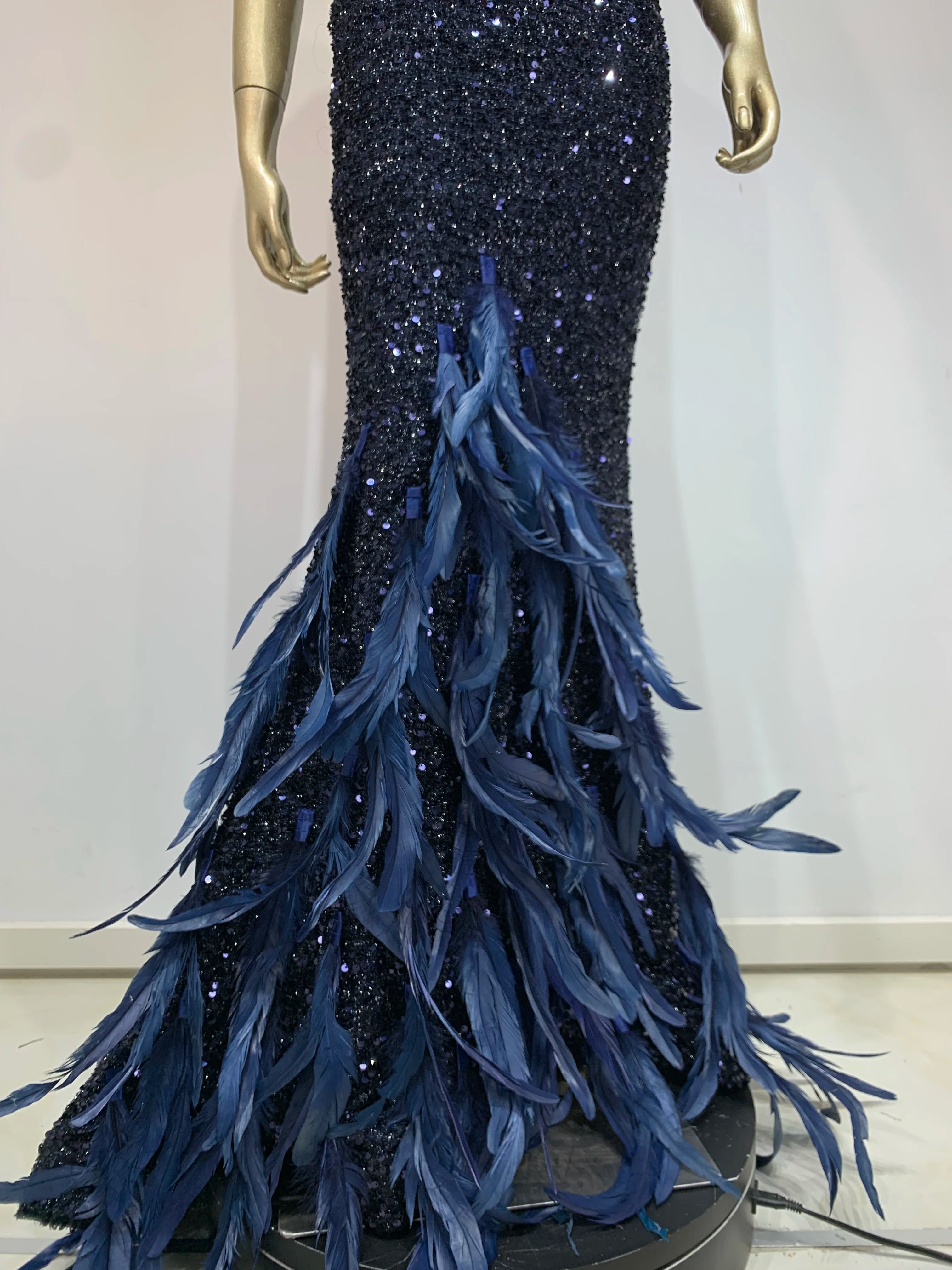 Women Summer Sexy V Neck Mesh Sequins Blue Feather Maxi Long Dress 2024 Elegant Party Evening Stage Performance Dress Vestido