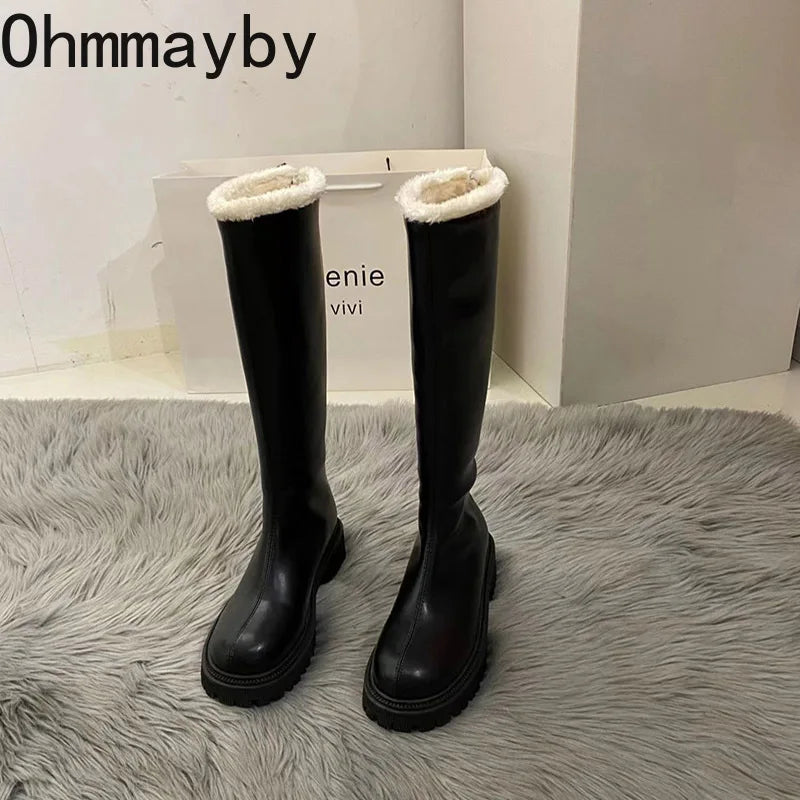 Winter Plush Women Knee High Boots Fashion Back Zippers Ladies Elegant Warm Cotton Long Booties Women's Footwear