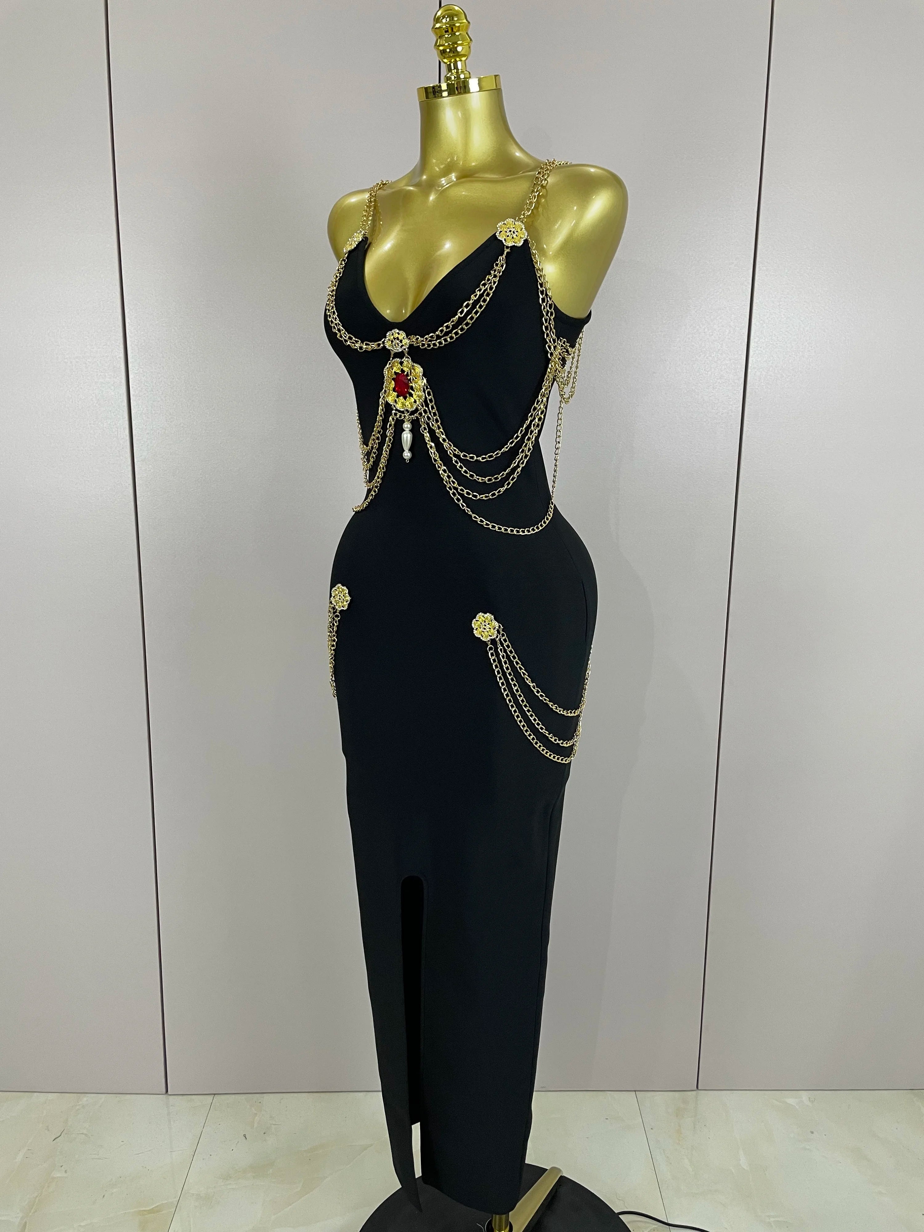 2025New New Black Chain Spaghetti Strap V-Neck Split Bandage Dress Bodycon Celebrity Club Party Long Dress Vestidos