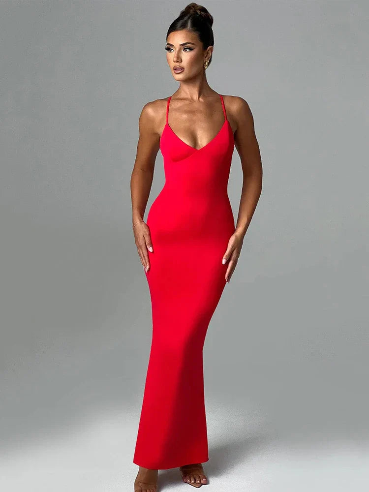 Spaghetti Strap Backless Sexy Maxi Dress For Women Fashion Summer New Sleeveless Bodycon Club Party Long Dress Elegant