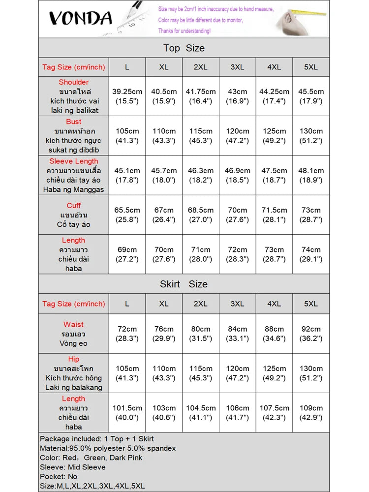 Plus Size VONDA Women Sets 2025 Fashion Suit 3/4 Flare Sleeve Floral Printed Tops And Elastic Waist Maxi Skirts 2Pcs Sets