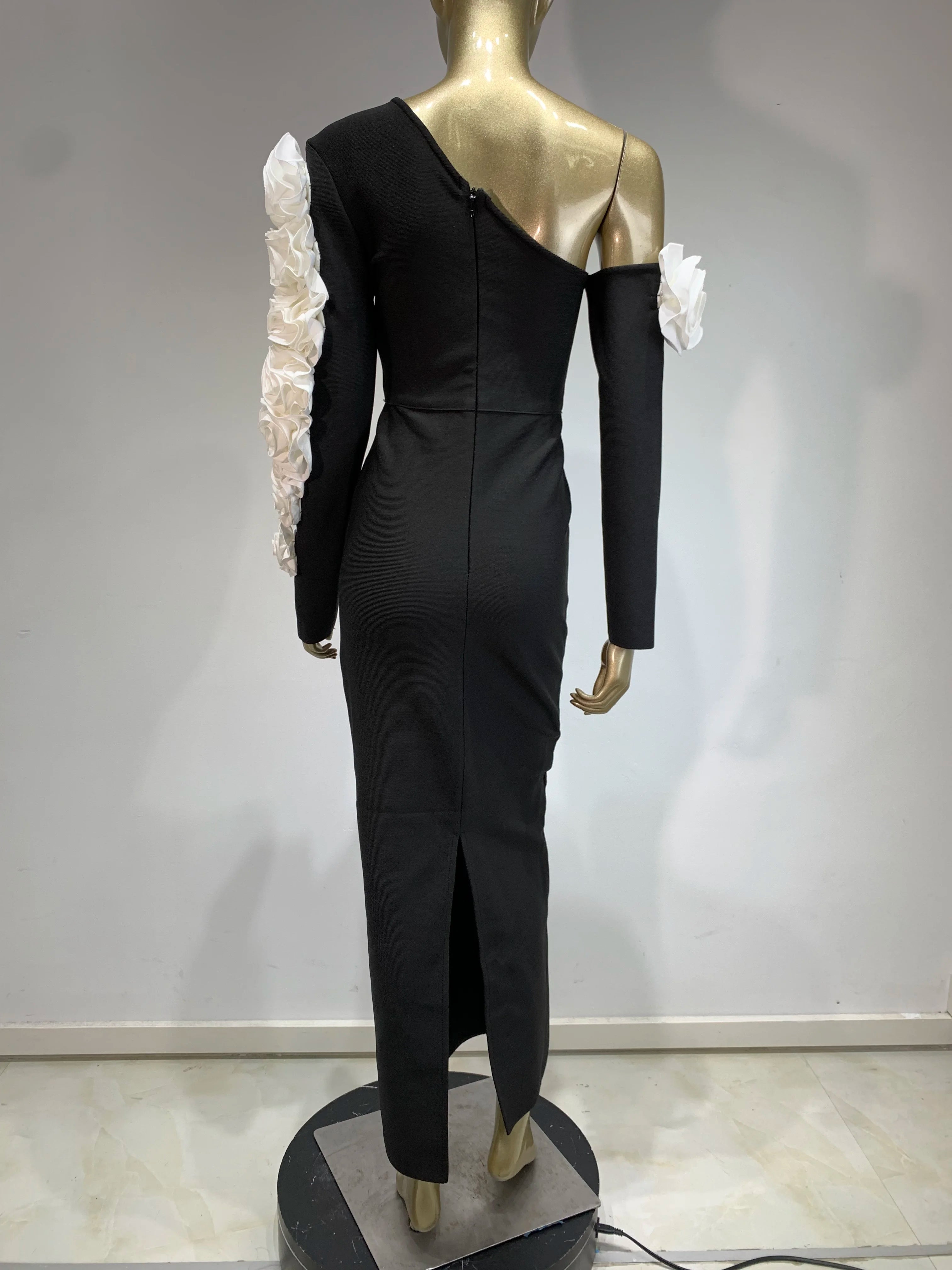 Women Bandage Dress 2024 Celebrity Sexy One Shoulder Flower Black Maxi Long Bodycon Elegant Evening Club Party Dress