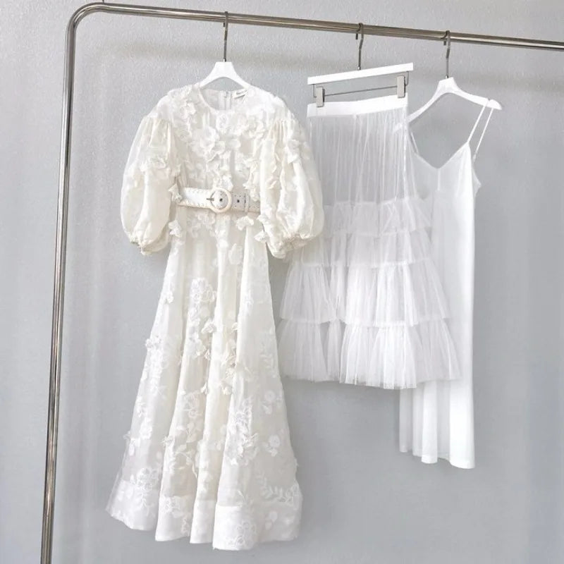 Women Dresses Party Holiday Luxury Top Qaulity 3-piece White O-neck Half Sleeve A-line Long Dress with Belt Australian Designer WHITE