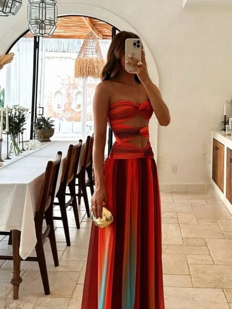 Chic Tie-dye Gradient Women's Dress Fashion Hollow Out Pleated Sling A-line Maxi Dresses New Summer Lady Holiday Beach Robe 2025 Beige