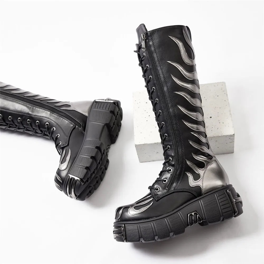 Fashion Women Punk Lace-Up Round Toe Boots For Woman's Thick Bottom Knee High Botas Mujer 2025 Motorcycle Party Platform Shoes