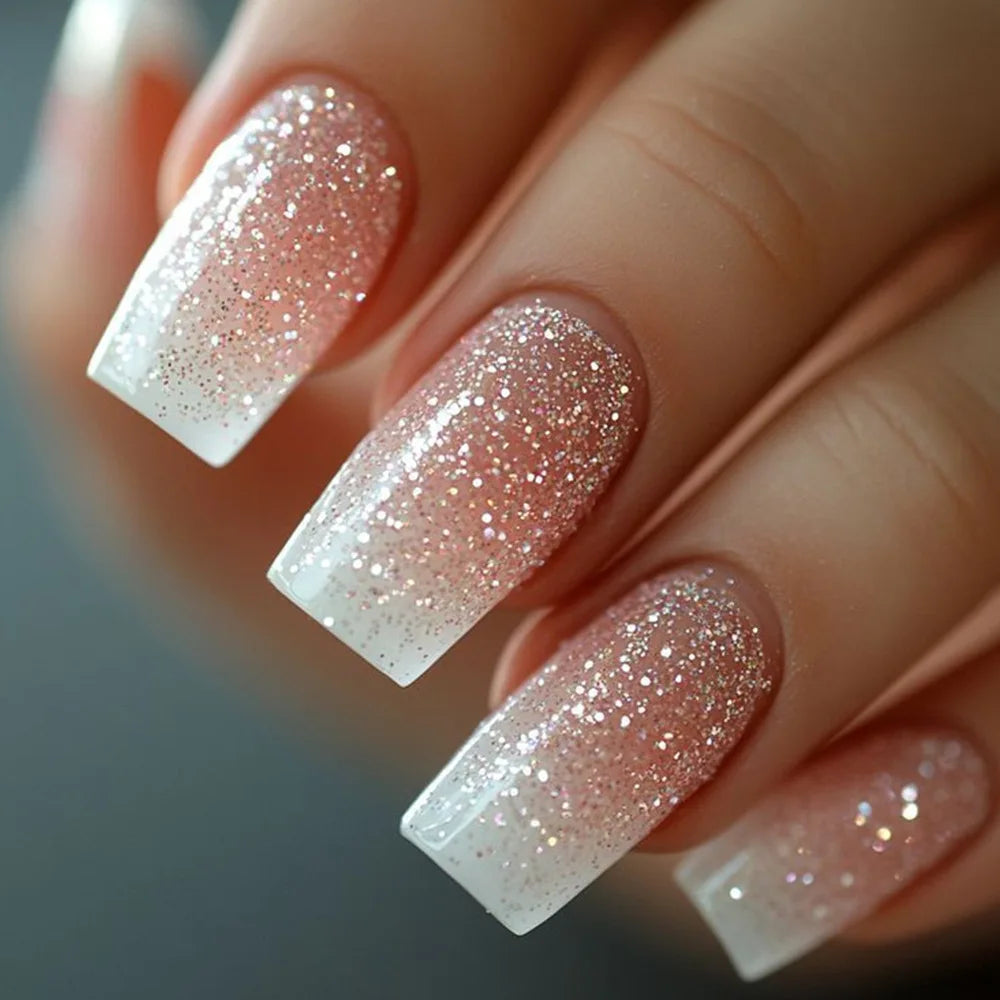 24pcs/set short Medium square fake nails for women gradient nude pink flowers french almond summer tips press on false nail art 2178