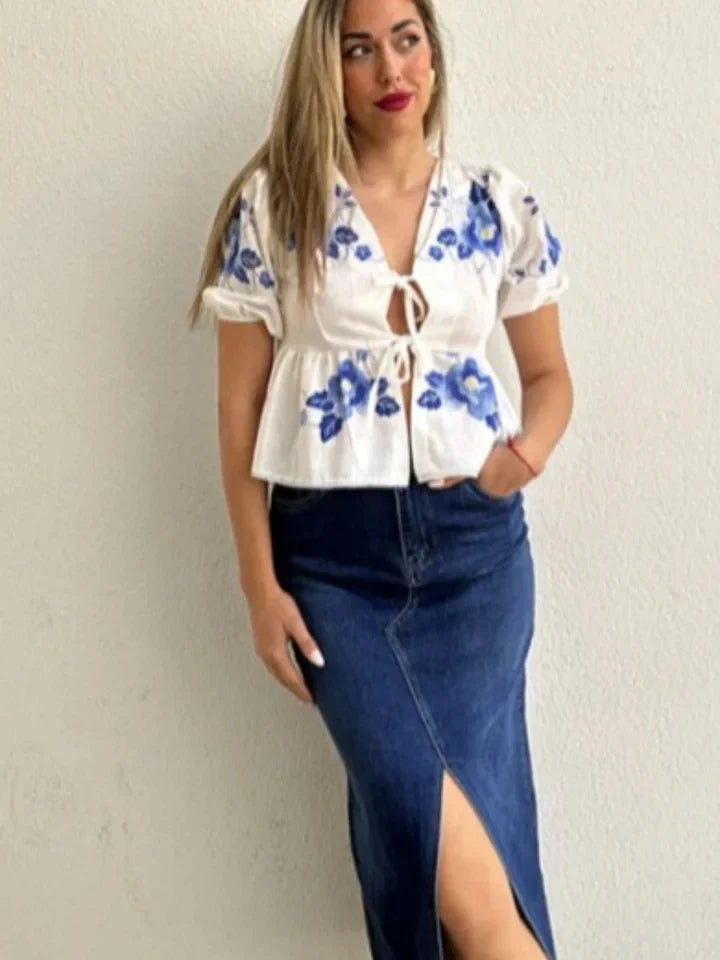 Fashion Print Bow Lace Up Women Blouses Loose V-neck Short Puff Sleeve Female Shirts Spring Summer Casual Lady Flower Tops