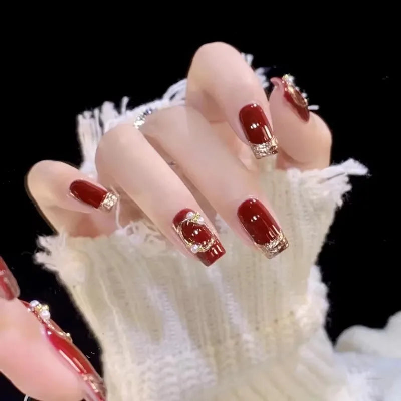 24Pcs Red Fake Nails with 3D White Flower Design Mid Length Coffin Press on Nails Wearable Korean Sweet Flower False Nails 2