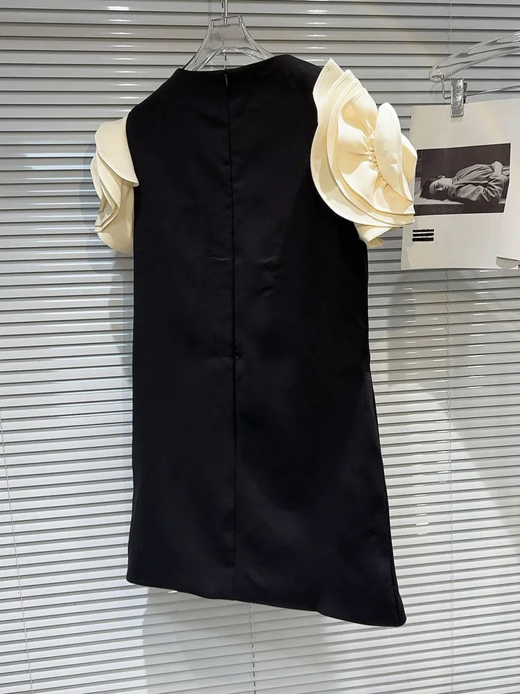 DEAT Fashion New Items Women's Spliced 3D Flower Sleeveless Dress Spring Trendy Round Neck Zipper Dresses Female 11XX8946