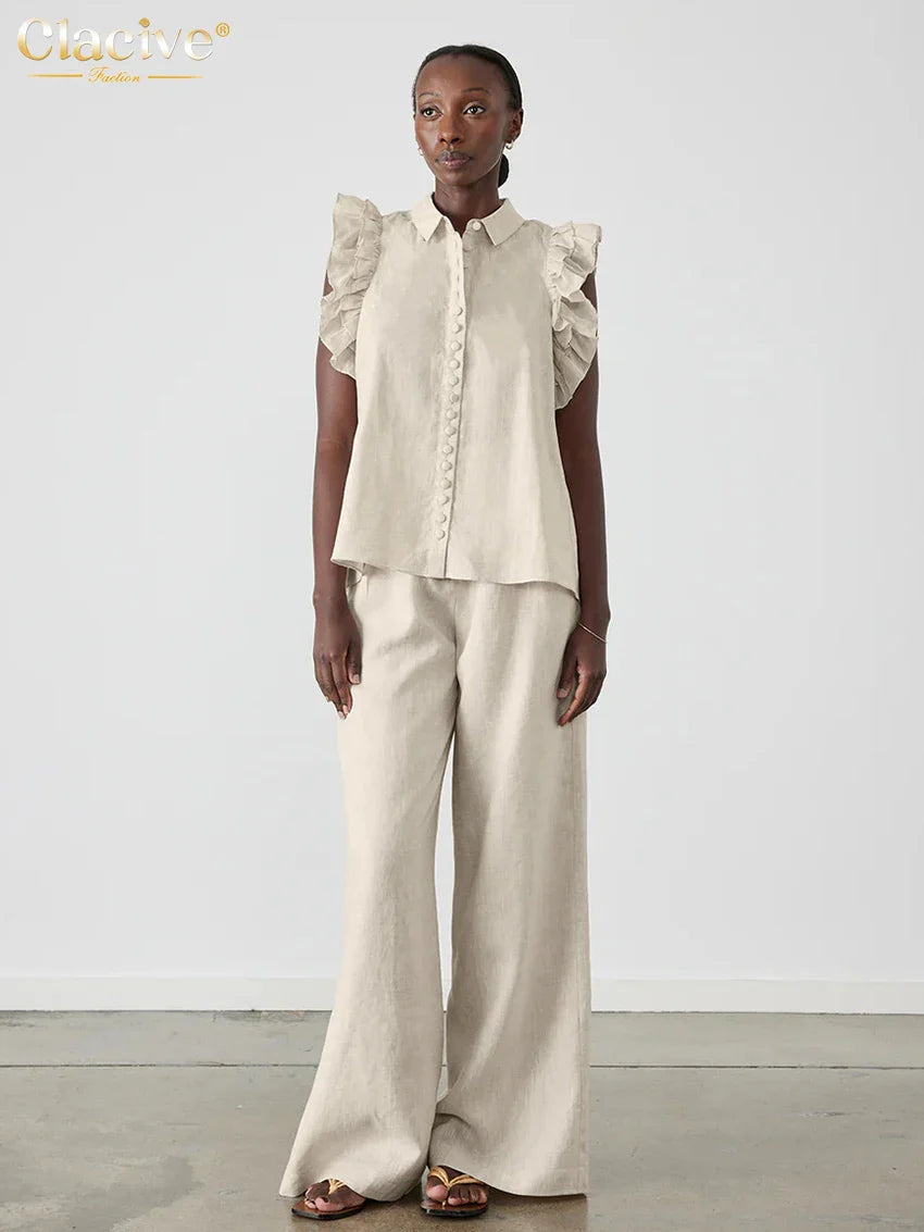 Clacive Fashion Loose Beige Cotton 2 Piece Sets Women Outfit Elegant Sleeveless Tank Top With High Waist Wide Pants Set Beige