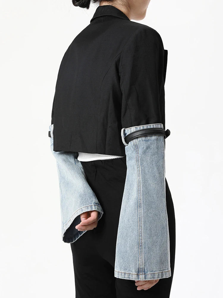 Colorblock Patchwork Denim Casual Coats For Women Lapel Long Sleeve Spliced Button Coat Female Fashion Clothing New