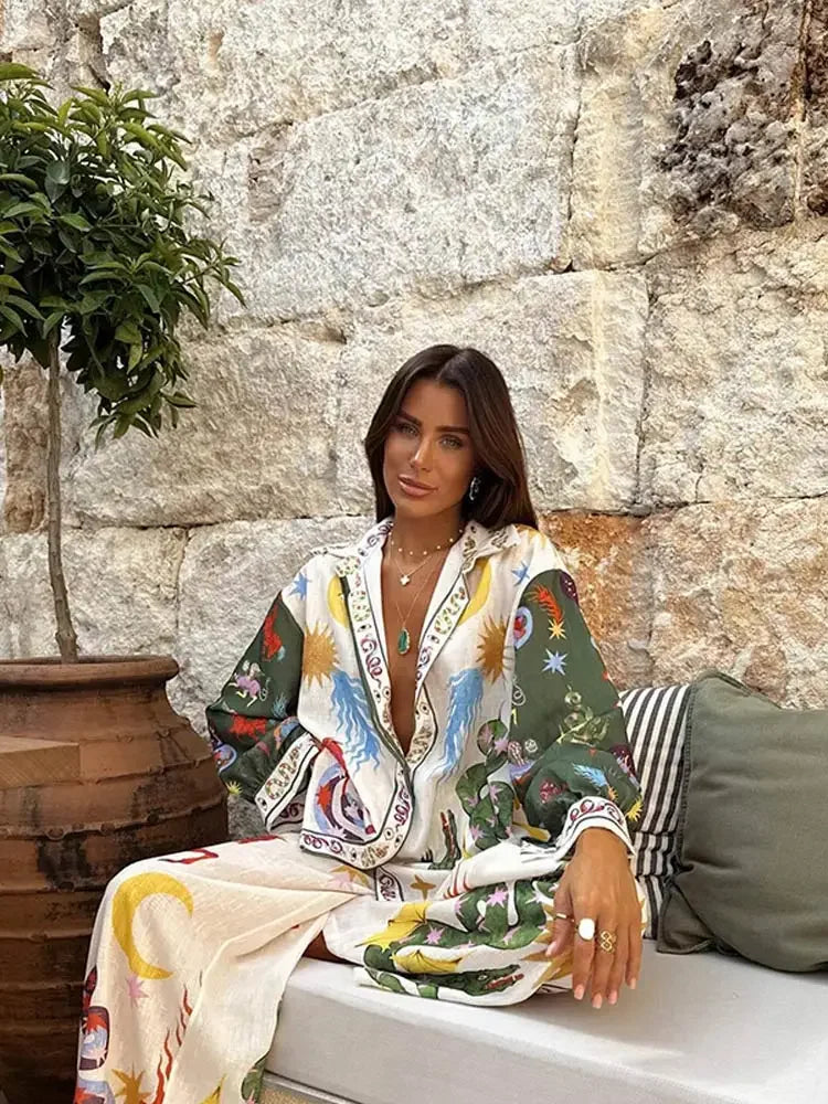 Stylish Printed Trousers 2 Piece Set Women's Casual Lapel Single Breasted Shirt Wide Leg Pant Sets Women Pomesia Vacation Suit Set