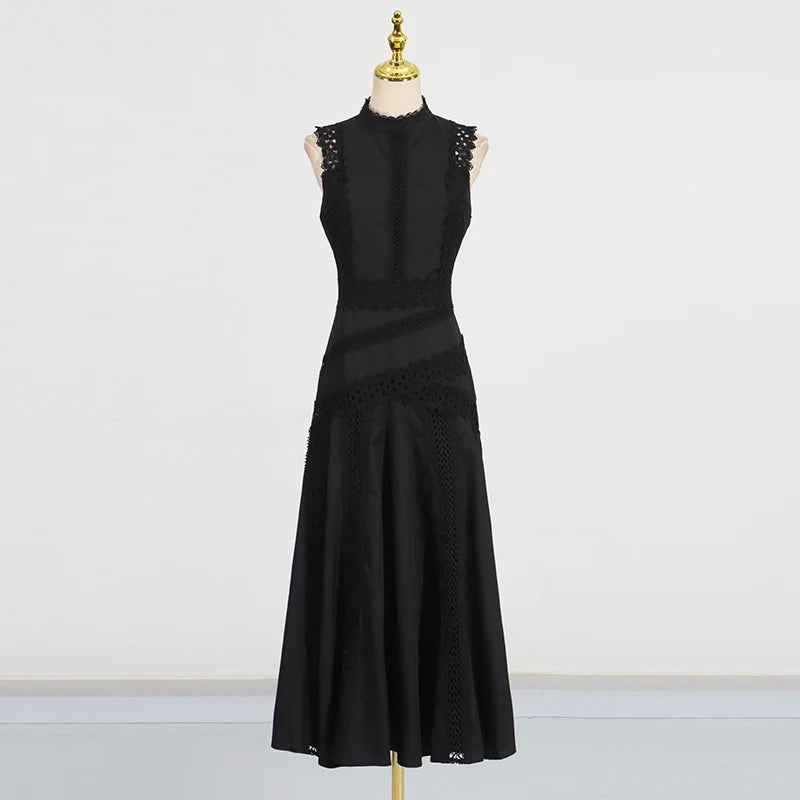 Solid Slimming Spliced Hollow Out Dresses for Women Round Neck Sleeveless Patchwork Lace Dress Female Clothing New BLACK