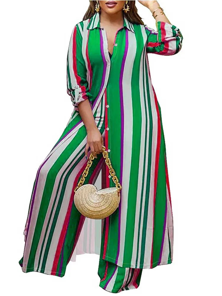 2 Piece Outfit Set Women Plus Size Matching Sets Long Shirt Top and Pants Sets Striped Casual Outfits 5xl Women Autumn Clothes green