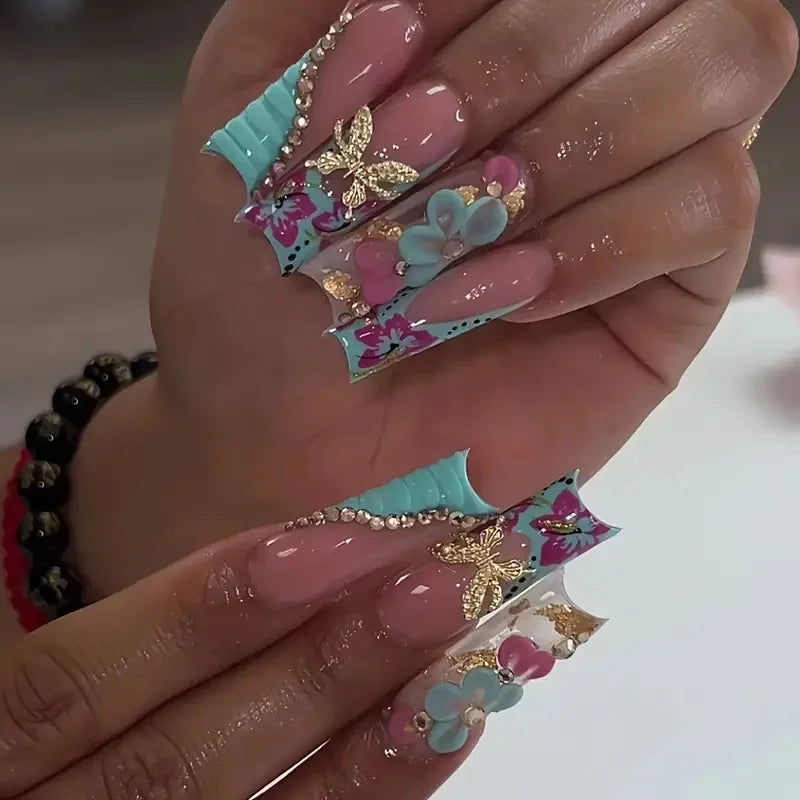24Pcs Extra Long Square Press on False Nails with Butterfly Design Flowers Bow Pink Full Cover Nails Wearable Fake Nail Manicure 226