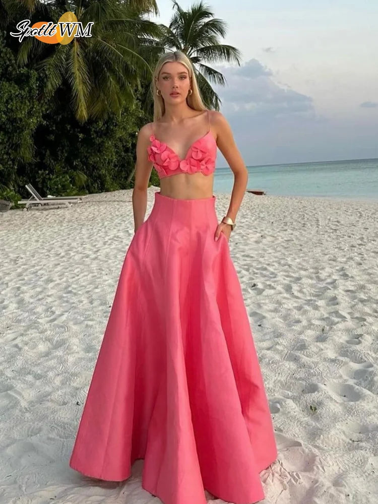 2025 Women Chic 3d Pink Flower Applique Cropped Tops Set Fashion High Waist Long Skirts 2 Piece Suit Sexy Vocation Beach Outfits
