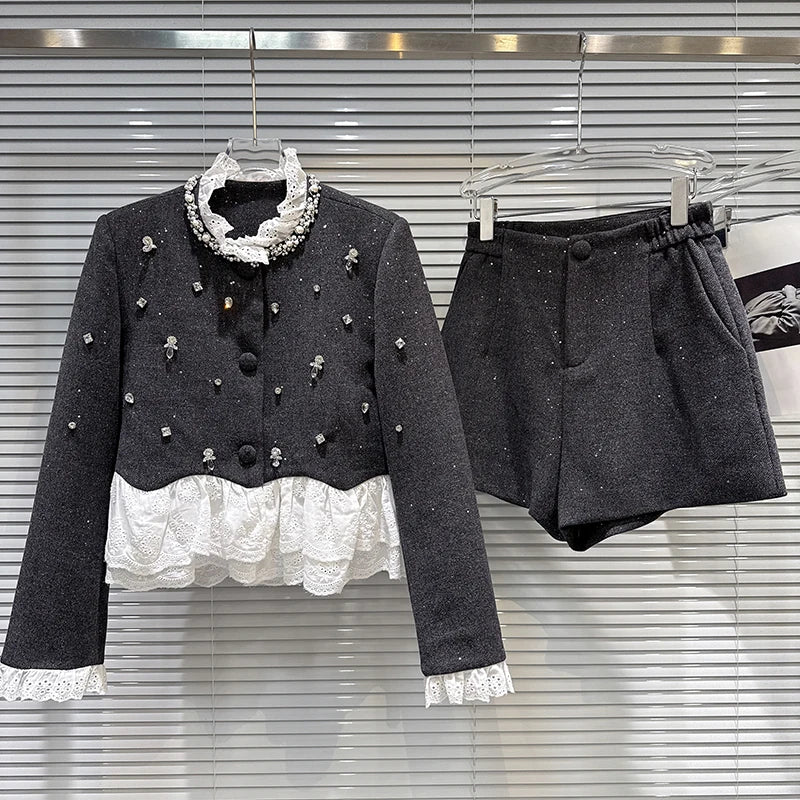 Winter New Fashion Style Handmade Beaded Cotton Lined Short Coat Woolen Shorts Two-pieces Set For Women 11A07555 Gray