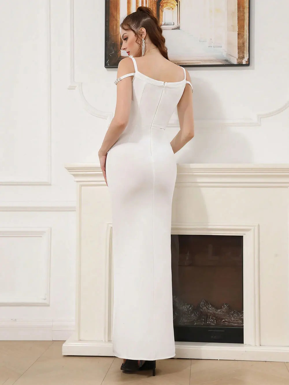 2025 Elegant Women's Spaghetti Strap Nail Diamond Design Bandage Dress Bodycon Backless Long Dress Fashion Dinner Party Vestidos