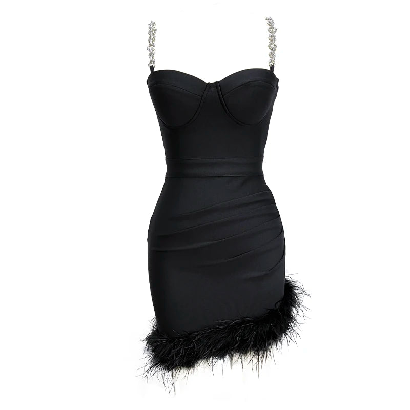 Dazzling Diamonds Chain Spaghetti Strap Gorgeous Feathers Mini Dress Fashion's Sexy Woman Evening Dress Birthday Party Outfit black