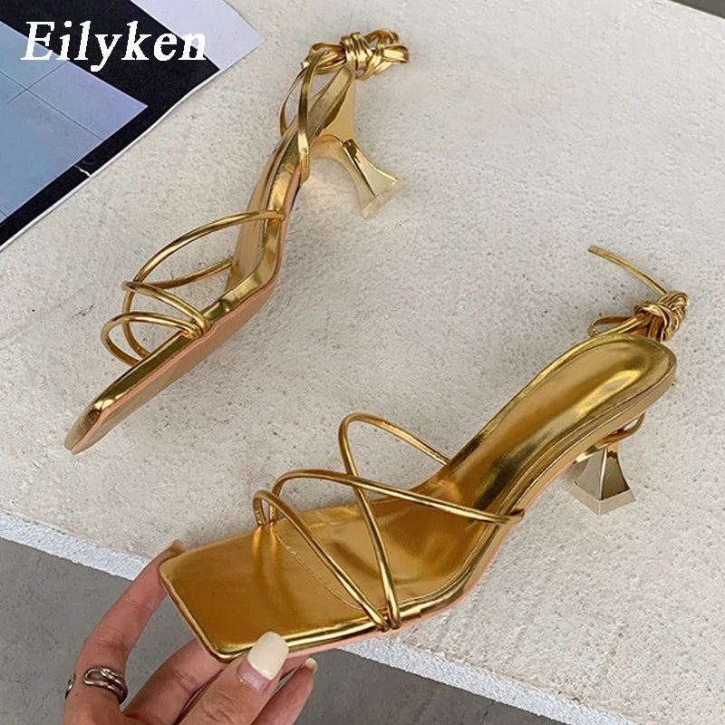 Eilyken Fashion Gold Silver Sandals Thin Low Heel Lace Up Rome Summer Gladiator Women Casual Narrow Band Shoes Gold