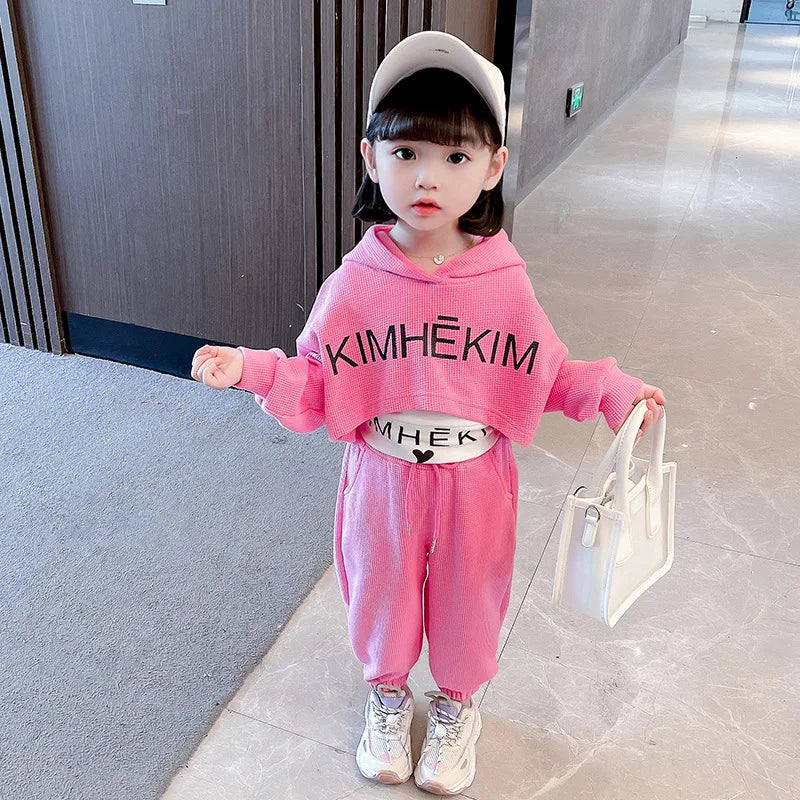 Spring Autumn Baby Girls Waffle Alphabet Crop Hoodie+Drawstring Sweatpant+Tee Tops Kids Tracksuit Child 3PCS Outfit Sets 1-9 Yrs Rose red