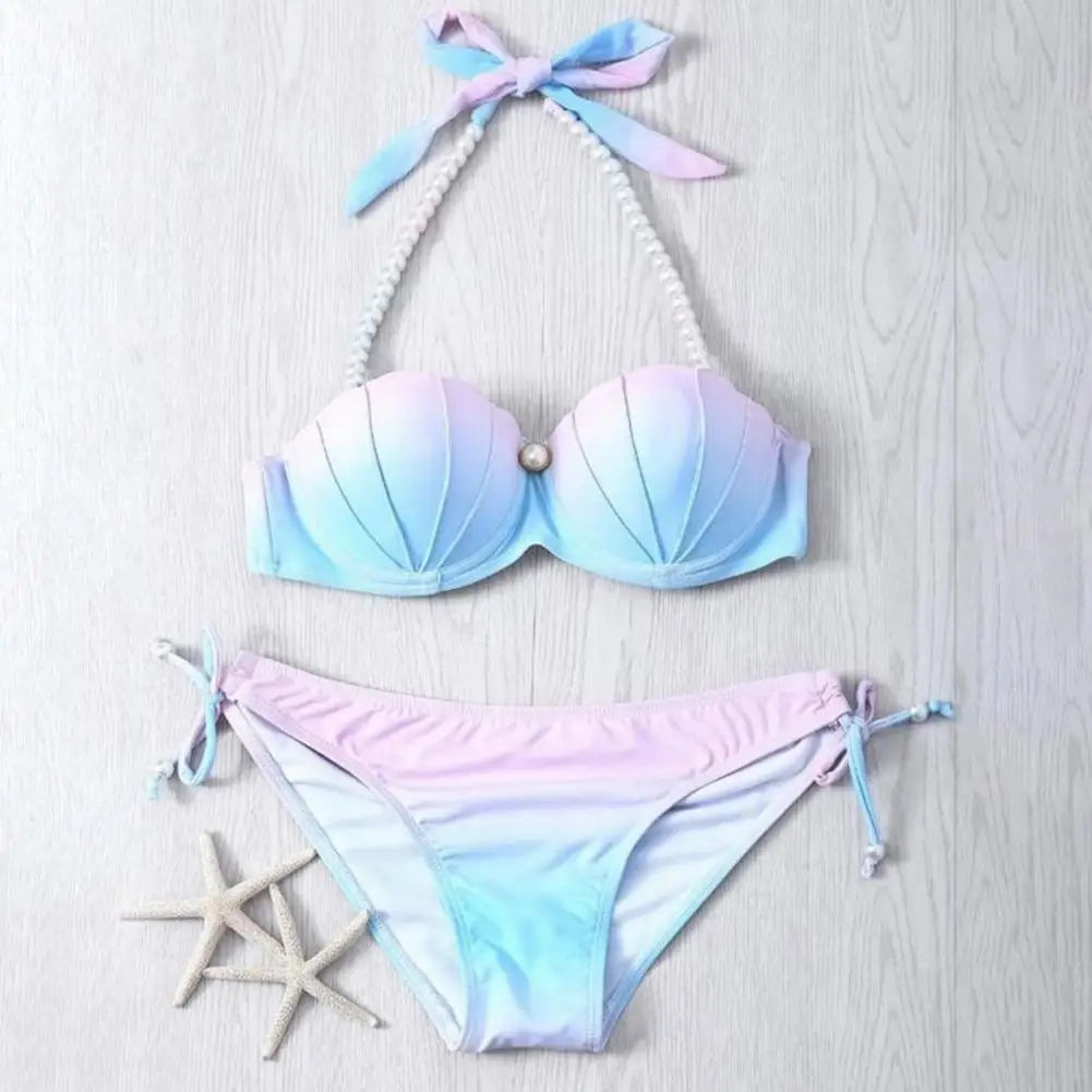 2Pcs/Set Split Bikini Gradient Color Shell Appearance Two-piece High Stretch Off Shoulder Swimwear for Beach