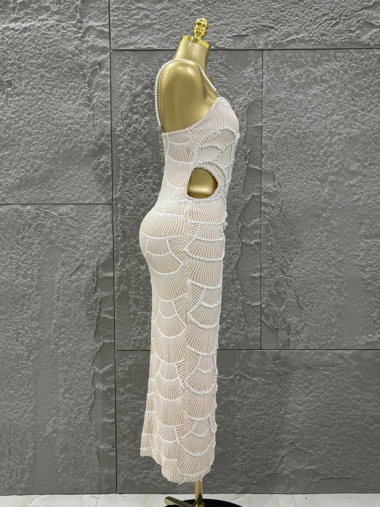 Hot Sale Women Sleeveless Sexy Strap Pearl Beading Bodycon Long Dress Celebrate Evening Party Birthday Cocktail Outfit