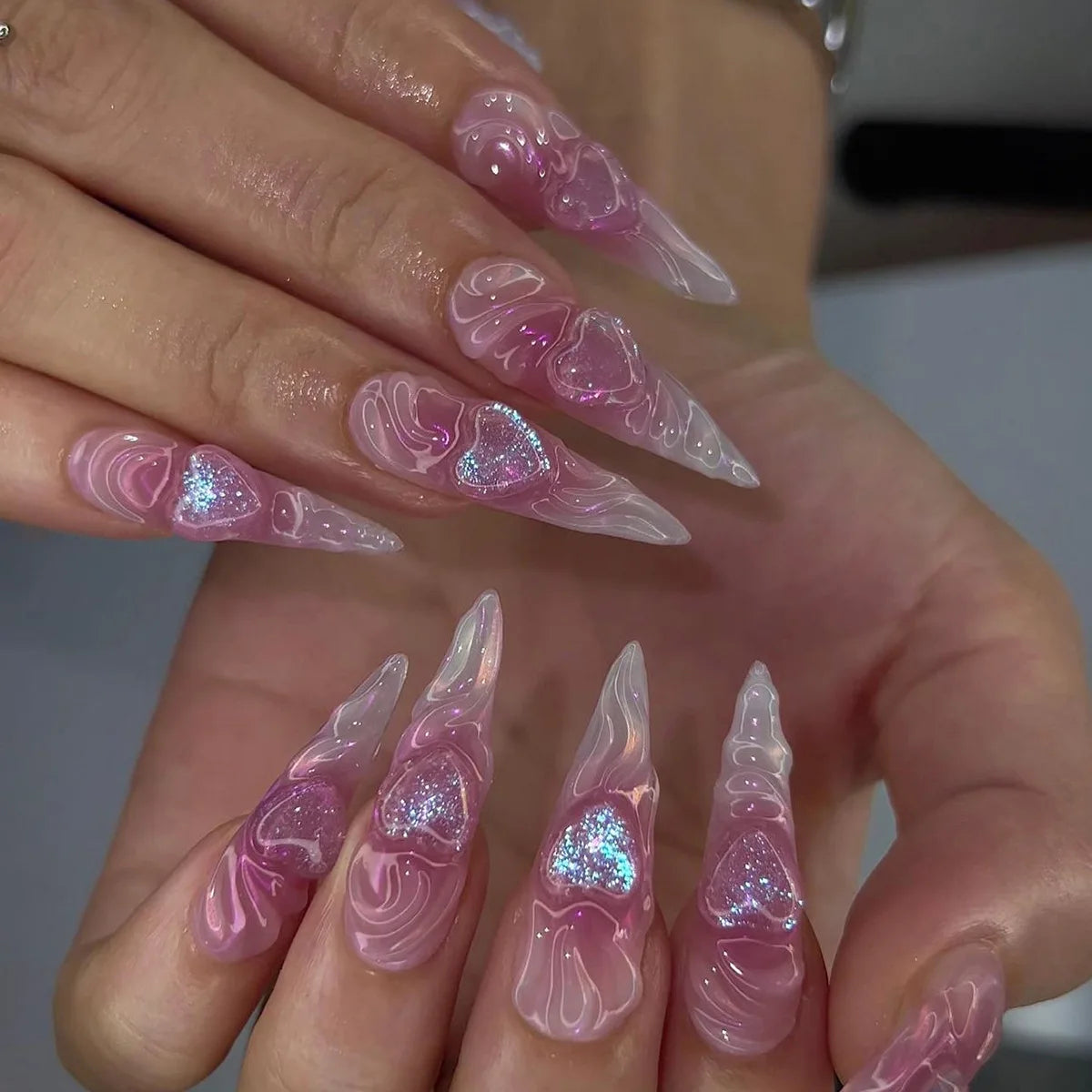 24Pcs Mid-length Almond Fake Nail Tips Pink French 3D Press on False Nails with Bow Design Wearable Oval Head Manicure Art 3244