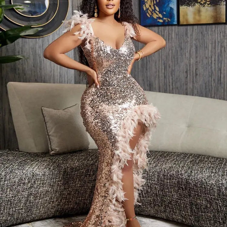 Women Sequined Spaghetti Strap Feather Hem High Side Slit Mermaid Trumpet Bodycon Midi Evening Sexy Party Maxi Dresses