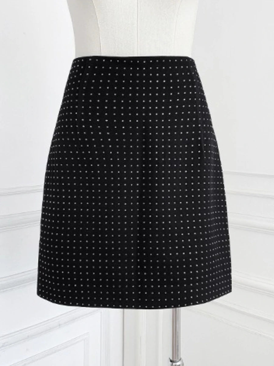 Slimming Spliced Hot Fix Two Piece Sets for Women Lapel Long Sleeves Patchwork Single Breasted Top Skirt Set Female BLACKSKIRT