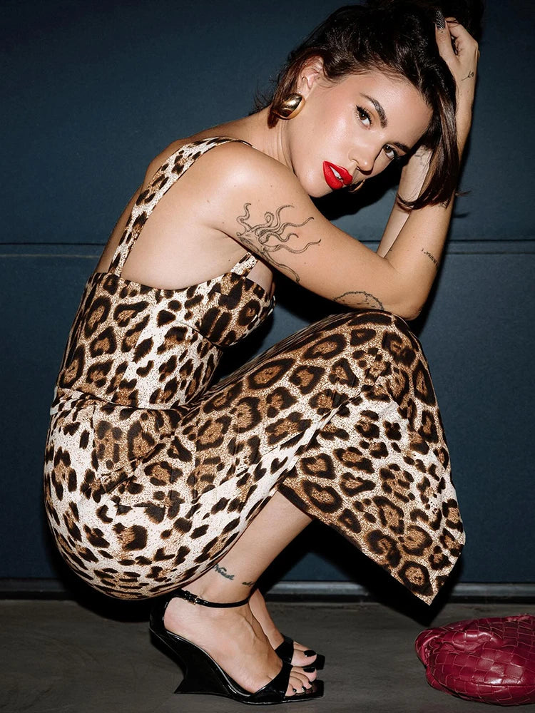 Vintage-Glam Leopard Slip Sleeveless Tight Midi Dress Party Spotlight Evening Gown