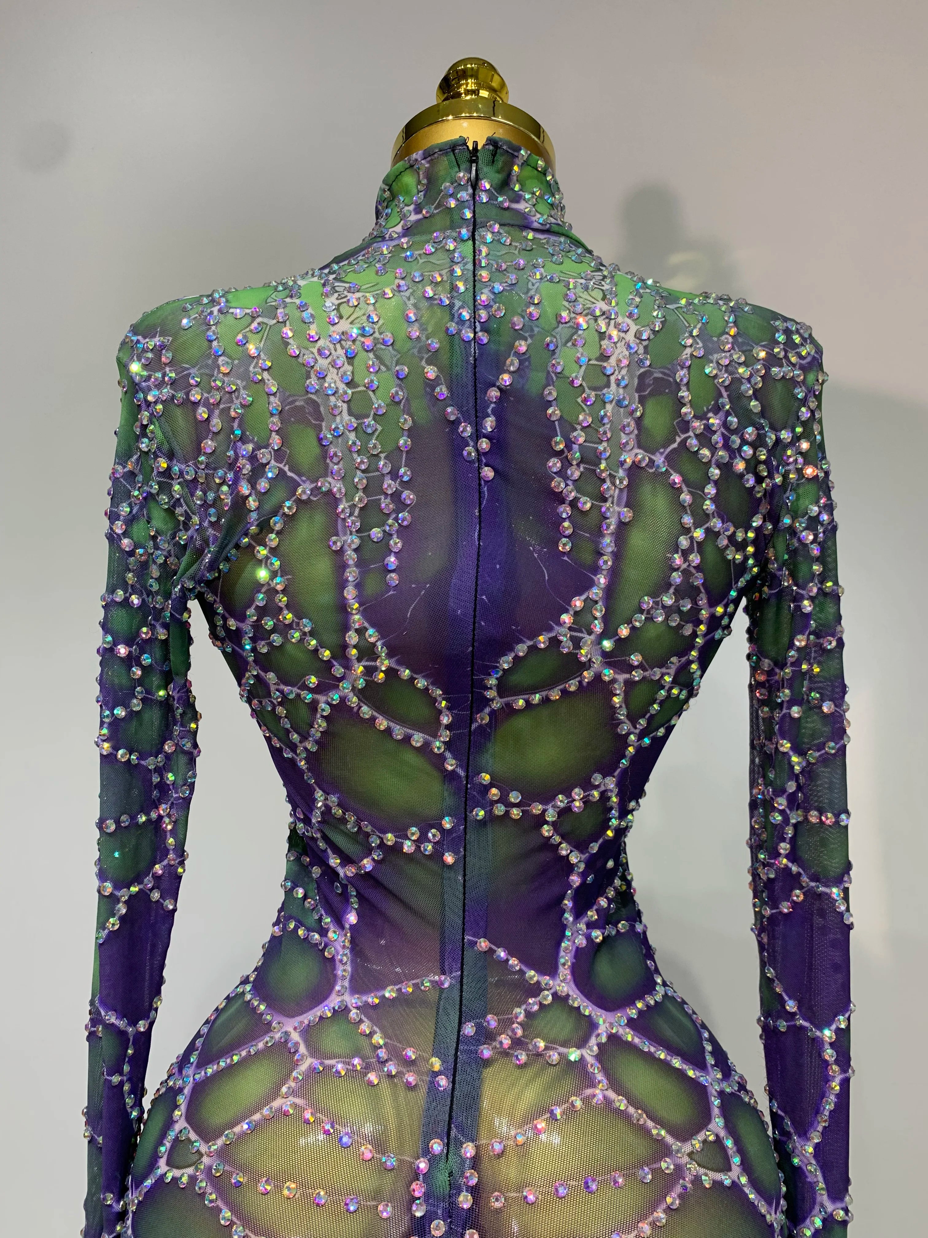 Women Sparkly Rhinestones Mesh Bodycon Jumpsuit Singer Stage Performance Dance Costume Nightclub Party Luxury Birthday Outfit