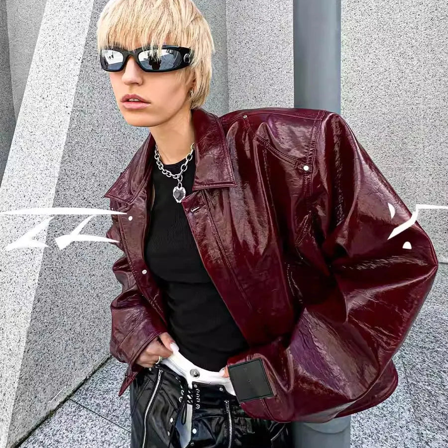Lautaro Autumn Cool Short Oversized Pu Leather Jacket Women Shoulder Pads Zippper High Quality American Retro Punk Style Clothes