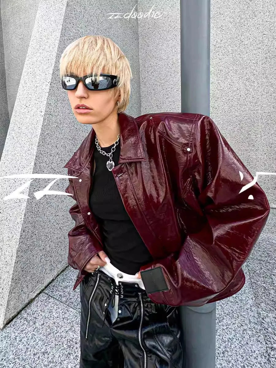 Lautaro Autumn Cool Short Oversized Pu Leather Jacket Women Shoulder Pads Zippper High Quality American Retro Punk Style Clothes