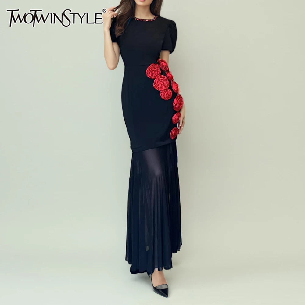 Hit Color Slimming Spliced 3D Flower Elegant Dresses for Women Round Neck Short Sleeves Dress Femlae Clothing New