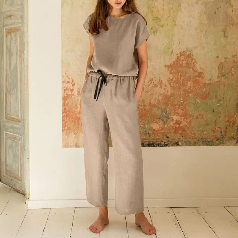 2024 New Matching Series Plus Size Women's Clothing Set Fashion Cotton and Hemp Short Sleeved Shirt Wide Leg Pants Two Piece Set Khaki