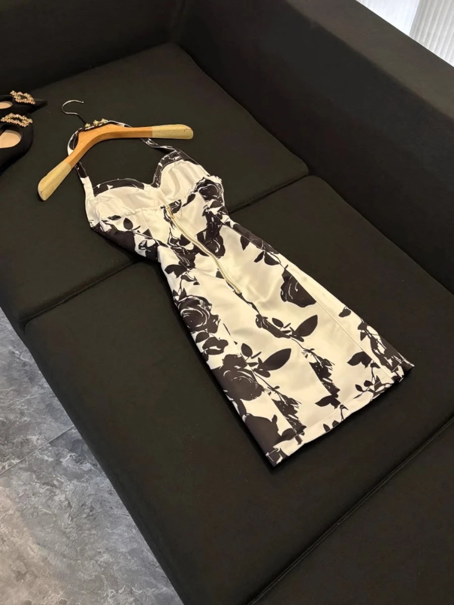 Hit Color Slimming Spliced Printing Dresses for Women Halter Neck Sleeveless Temperament Dress Female Fashion New