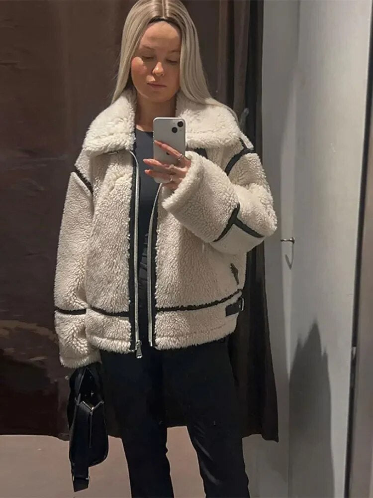 Suninheart Autumn and Winter Faux Fur Jacket with Zipper Women Long Sleeve Warm Jackets Coat Casual Lapel Cold Coat High Quality