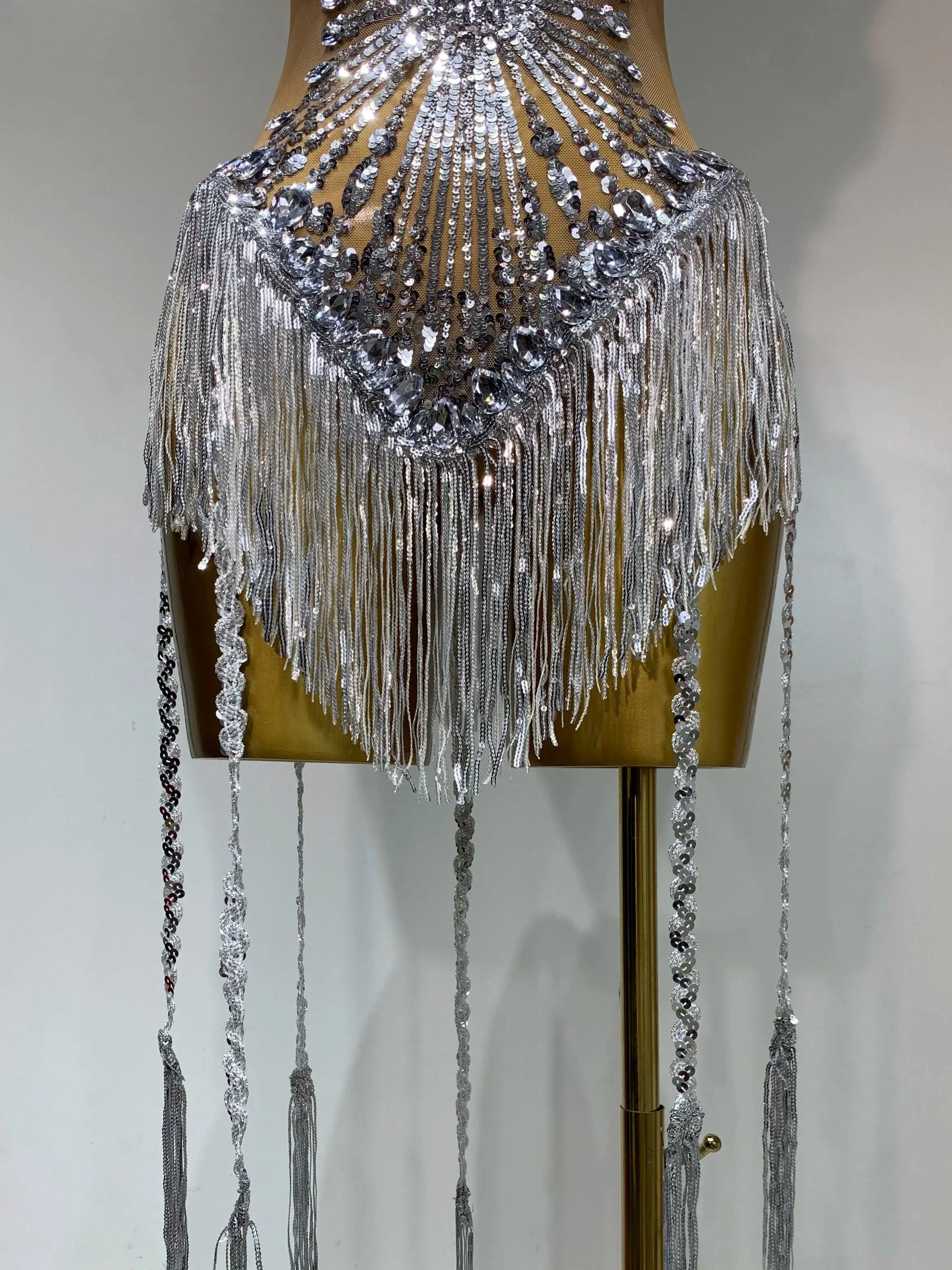 Women Sexy Mesh See Through Diamonds Long Tassels Bodysuit Luxury Evening Party Bar Nightclub Stage Performance Singer Outfit