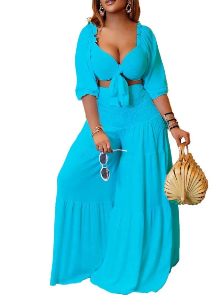 Plus Size Summer 2 Two Piece Set Women Bodycon Sexy Fashion Ladies Cropped Blouses Wide Leg Loose Pleated Woman Long Pant