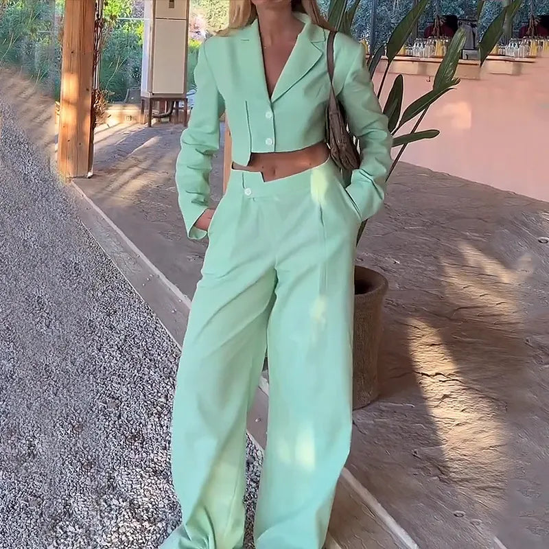 Women Two Piece Set Fashion Lapel Long Sleeve Single Raw Button Top Casual Loose Pants The Suit Sets High Streetwear green