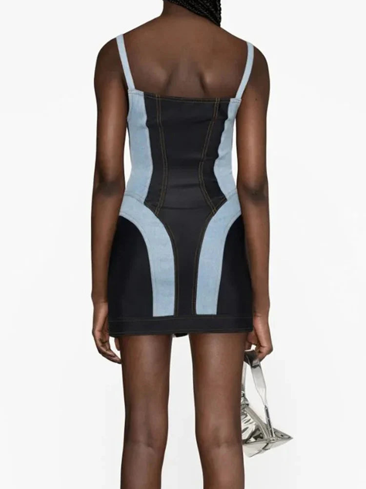 DEAT Streetwear Patchwork Contrast Color Denim Dress For Women Sleeveless Zipper Short Dresses Summer Female New 11XX4973