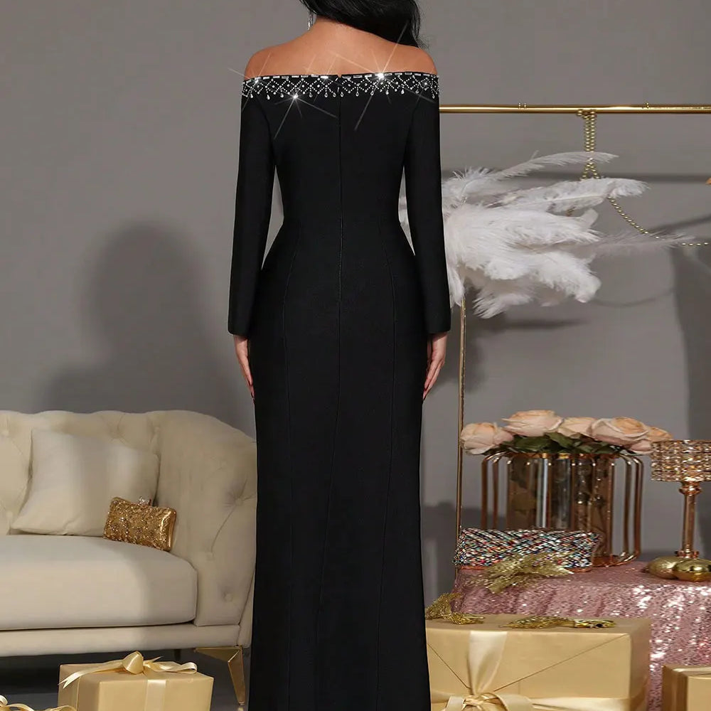 2025 Elegant Women's Hot Diamond Design Bandage Dress with One Collar Long Sleeve Slimming Long Dresses Evening Party Vestitos