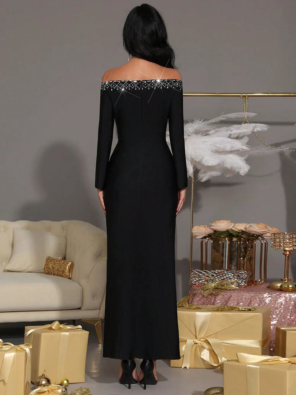 2025 Elegant Women's Hot Diamond Design Bandage Dress with One Collar Long Sleeve Slimming Long Dresses Evening Party Vestitos