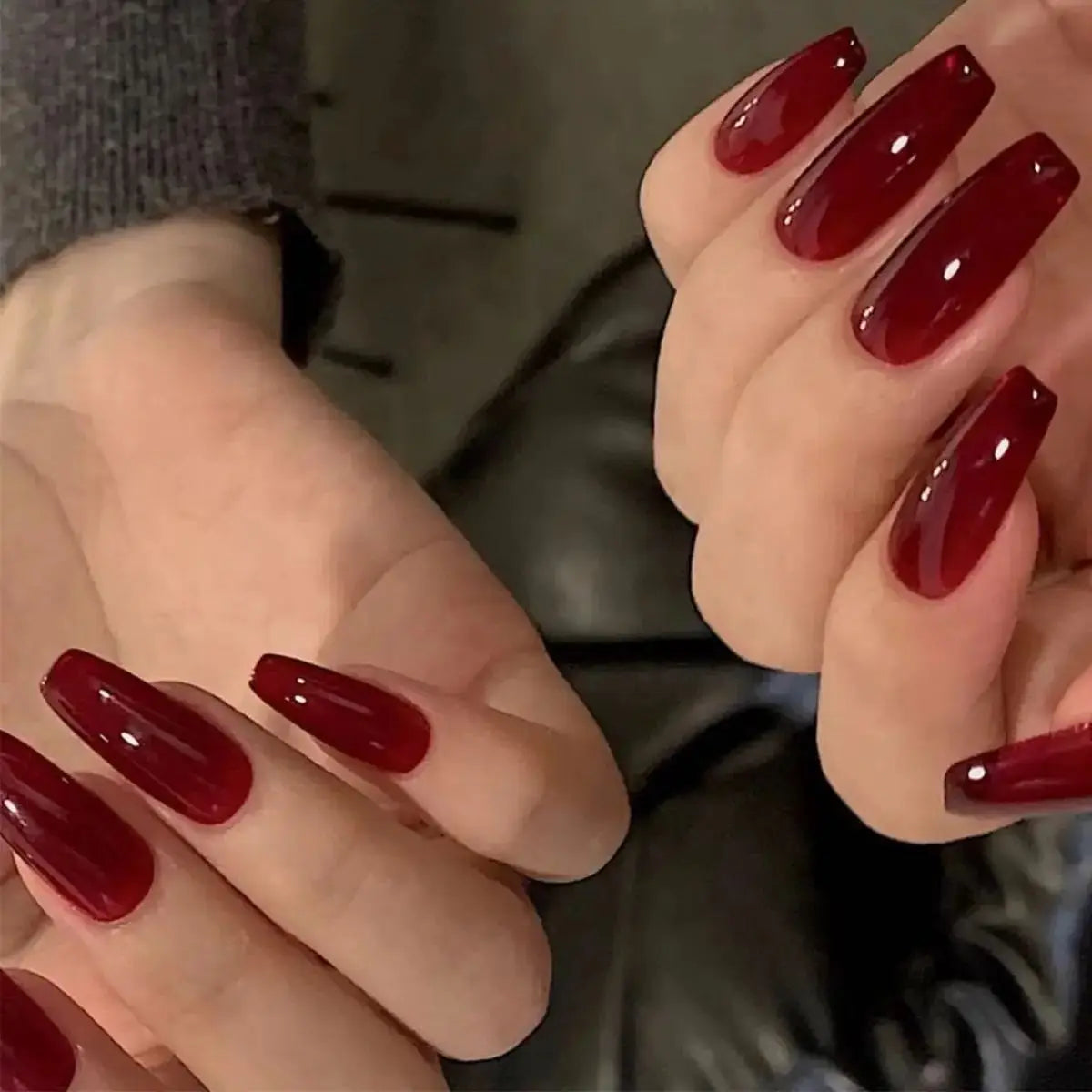 24Pcs Solid Color Wine Red False Nails Long Square Ballet Press on Nails Simple Wearing Manicure Finished Full Cover Nail Tips