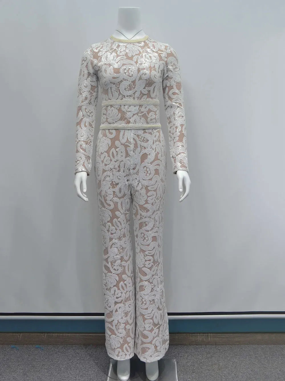 2025 Women'S Light Luxury Sequin Patchwork Bandage Jumpsuit O-Neck Long Sleeved Waistband Flared Jumpsuit Pants Party Jumpsuit WHITE