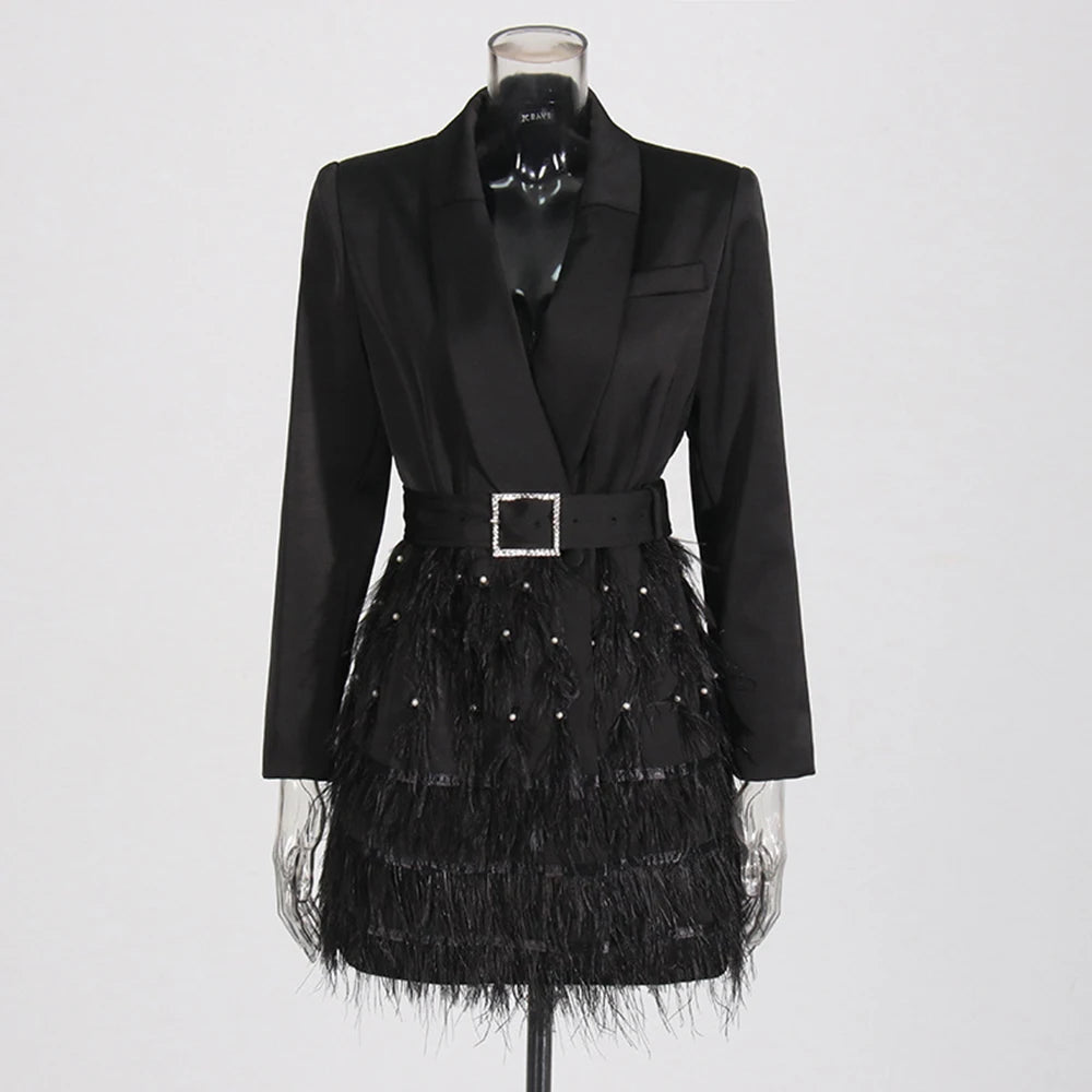 Solid Spliced Bead Fashion Mini Dresses for Women Lapel Long Sleeves Patchwork Button Elegant Dress Female Clothing BLACK