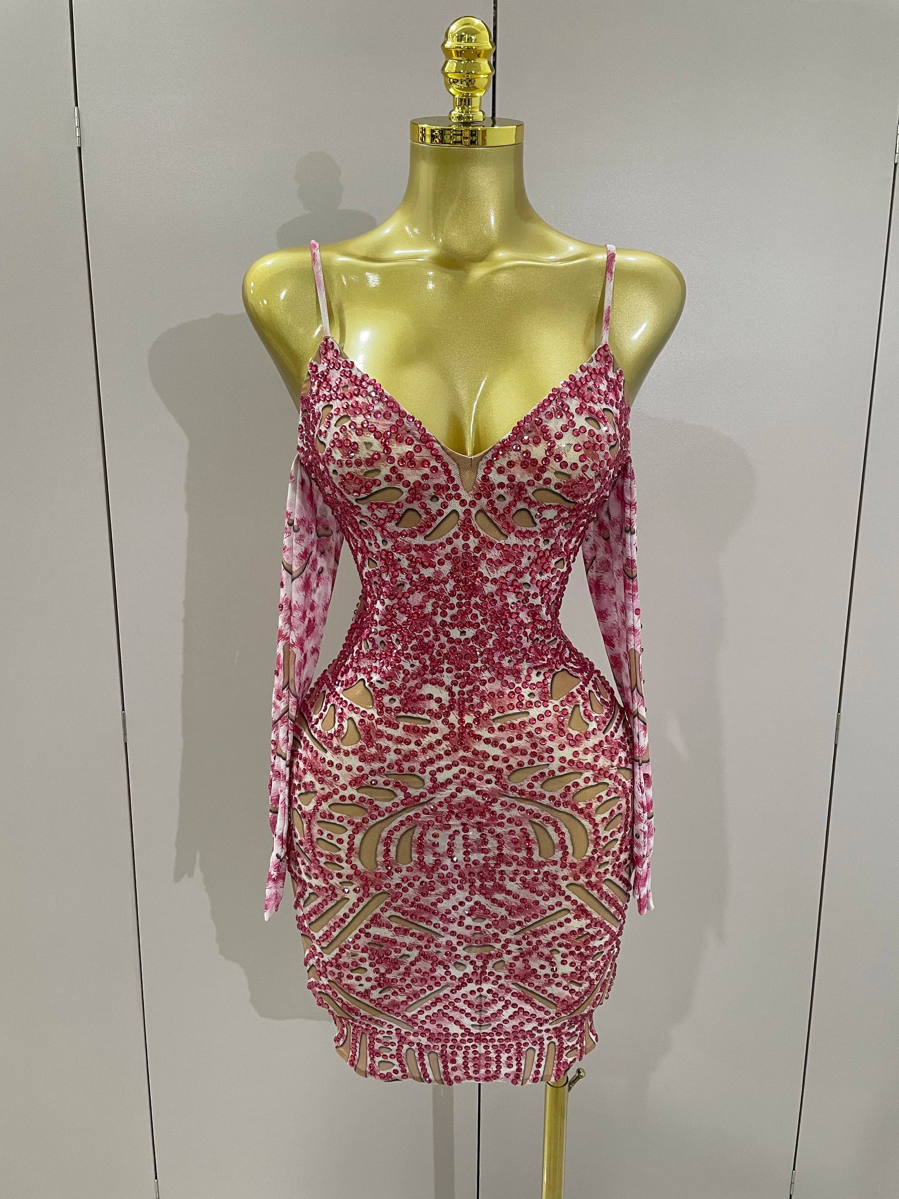 2025 New Sexy Sparkly Rhinestones Mesh Mini Dress With GlovesWomen Evening Birthday Party Celebrate Costume Dancer Stage Wear Red