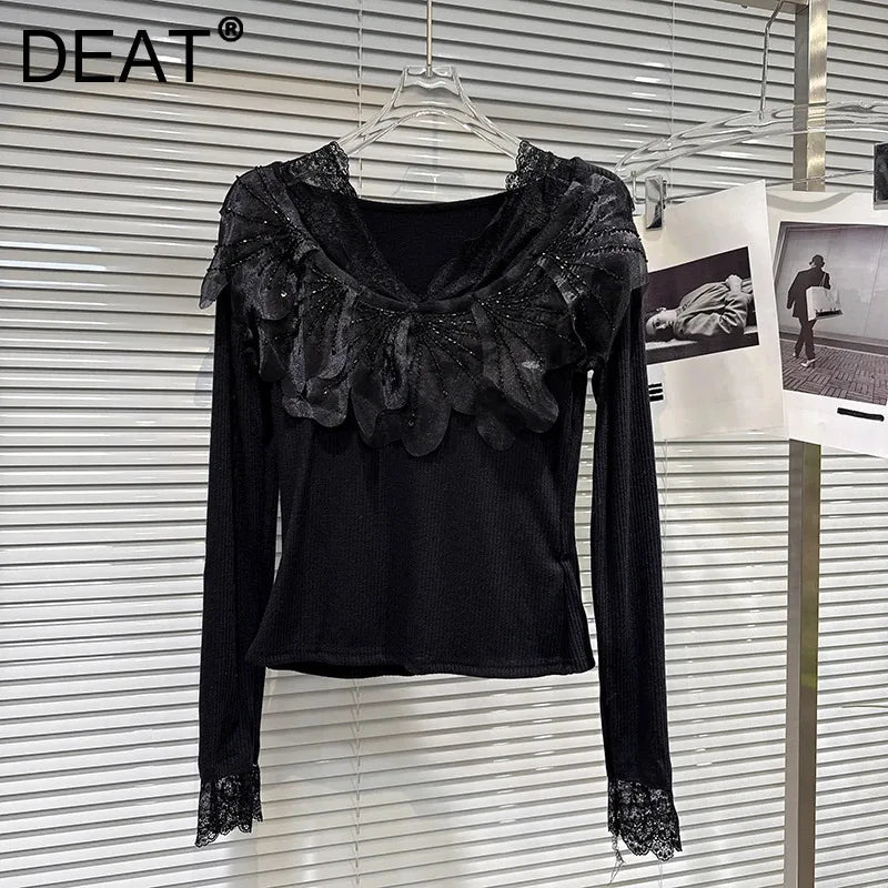 Winter New Elegant Fashion V-neck Lace Patchwork Chiffon Floral Cotton Knitted T-shirt For Women Slim Fit Top 11A07823
